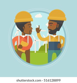 Two african-american workers talking on background of wind farm. Workers of wind farm in helmets discussing working affairs. Vector flat design illustration in the circle isolated on background.