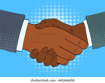 Two afro american businessmen shake hands vector illustration in retro pop art style. Partnership handshake concept poster in comic design