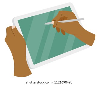 Two afro american hands holding a tablet, one with stylus. 