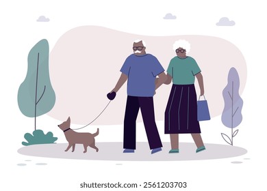 Two aged people take walk in park on clear day with their dog. Joyful elderly couple on walk with their pet. Outdoor promenade with pet. Happy mature man and woman, Spending time together. flat vector