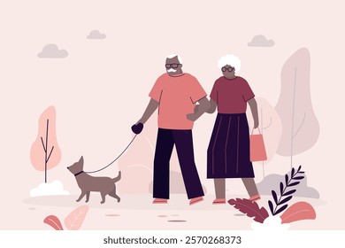 Two aged people take walk in park on clear day with their dog. Joyful elderly couple on walk with their pet. Outdoor promenade with pet. Happy mature man and woman, Spending time together. flat vector