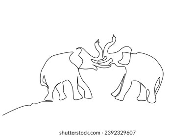 two aggressive elephant wildlife fight nature line art design
