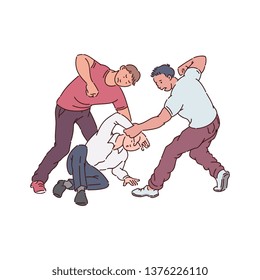 Two aggressive men or young people attack and beat the other vector illustration isolated on white background. The concept of violence and cruelty in society.