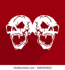 Two Aggressive Skulls of white color with open jaw, abstract square icon of flat style, silhouette on red background, vector