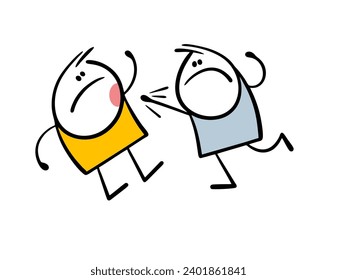 Two aggressive teenagers are fighting. Vector illustration of angry man punching an opponent in the face. Street boxing beat. Isolated cartoon boys characters on white background. 