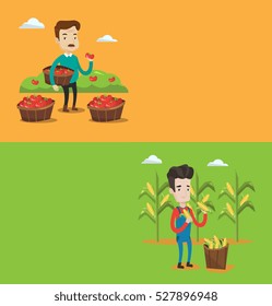 Two agricultural banners with space for text. Vector flat design. Horizontal layout. Farmer holding basket with tomatoes. Caucasian farmer collecting tomatoes harvest. Farmer collecting corn harvest.