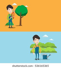 Two agricultural banners with space for text. Vector flat design. Horizontal layout. Gardener holding pruner. Gardener is going to trim branch of tree using pruner. Gardener watering plants in garden.