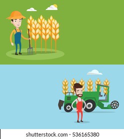 Two agricultural banners with space for text. Vector flat design. Horizontal layout. Farmer standing with pitchfork on the background of wheat field. Farmer working with pitchfork in wheat field.