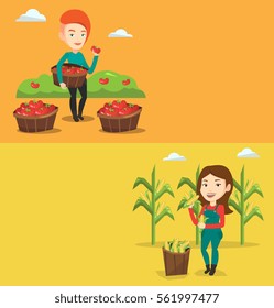 Two agricultural banners with space for text. Vector flat design. Horizontal layout. Farmer holding basket with tomatoes. Caucasian farmer collecting tomatoes harvest. Farmer collecting corn harvest.