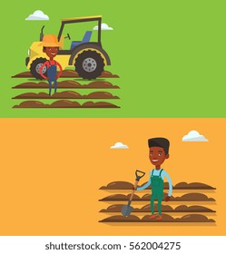 Two agricultural banners with space for text. Vector flat design. Horizontal layout. Farmer standing on background of tractor and plowed field. Caucasian farmer standing with shovel on plowed field.