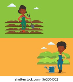 Dos banderas agrícolas con espacio para el texto. Diseño plano vectorial. Diseño horizontal. Granjero parado con palas en el campo arado. Agricultor trabajando en campo con pala. Mujer arando campo con una pala