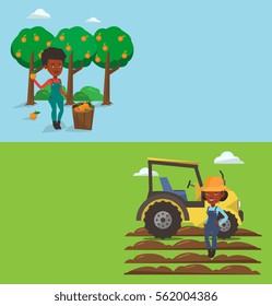 Two agricultural banners with space for text. Vector flat design. Horizontal layout. Farmer in summer hat standing on the background of tractor preparing land. Farmer standing in front of tractor.
