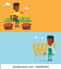 Dos banderas agrícolas con espacio para el texto. Diseño plano vectorial. Diseño horizontal. Feliz granjero caucásico sosteniendo una cesta con tomates. Granjero mostrando tomate rojo maduro. Agricultor recogiendo tomates.