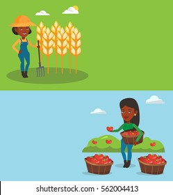 Two agricultural banners with space for text. Vector flat design. Horizontal layout. Farmer standing with pitchfork on the background of wheat field. Farmer working with pitchfork in wheat field.