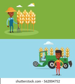 Two agricultural banners with space for text. Vector flat design. Horizontal layout. Farmer standing on background of combine harvester working in field. Farmer and combine harvester harvesting wheat.