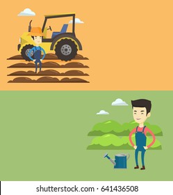 Two agricultural banners with space for text. Vector flat design. Horizontal layout. Asian farmer standing near watering can on the background of agricultural field. Farmer watering plants in garden.