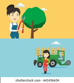 Two agricultural banners with space for text. Vector flat design. Horizontal layout. Asian farmer standing on the background of combine working in field. Farmer and combine harvester harvesting wheat.