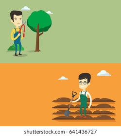 Two agricultural banners with space for text. Vector flat design. Horizontal layout. Gardener holding pruner. Gardener is going to trim branches of a tree with pruner. Gardener working with pruner.