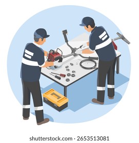 Dois técnicos agrícolas que montam e reparam uma máquina de aparar grama cortador de escova com peças de equipamentos de jardim e ferramentas em uma mesa em um ambiente de oficina de manutenção