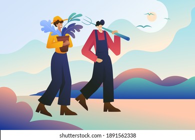 Two agronomists, a man and a woman, walk with the harvest against the background of an abstract flat landscape. Guy with a pitchfork, Woman with lettuce. Character with flowers.