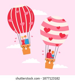 Two air balloons with beloved couples fly in sky on pink background. Design concept of enamored people for St. Valentines day. Love greeting card. Vector flat illustration with cute characters hugging