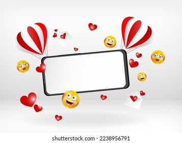 Two Air balloons holding smart phone mockup in horizontal orientation with flying hearts and envelopmens isolated on white background. Editable abstract 3D Vector illustration