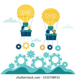 Two Air Balloons Light bulb with business people in baskets flying with gears. Concept illustration, finding new opportunity, progress, success and support ideas.
