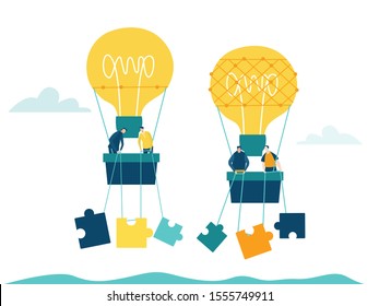 Two Air Balloons Light bulb with business people in baskets flying with puzzle pieces. Concept illustration, finding new opportunity, progress, success and support ideas.