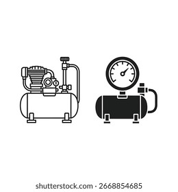 Two air compressor illustrations, one in outline and the other in solid black.