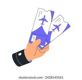 Two air flight tickets, boarding passes in hand. Tourist, passenger holding checkin papers for airline, airplane travel, showing for checking. Flat vector illustration isolated on white background