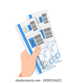 Two air flight tickets, boarding passes in hand. Tourist, passenger holding checkin papers for airline, airplane travel, showing for checking. Flat vector illustration isolated on white background