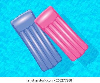 Two air mattresses in love, floating on azure water, as a symbol for a romantic holiday trip. Isolated vector illustration.