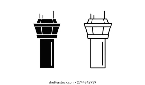 Two air traffic control towers are shown, notable for their distinct black and white silhouette style.