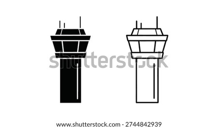 Two air traffic control towers are shown, notable for their distinct black and white silhouette style.