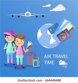 Two air traveler with a suitcase holds in his hands and a passport. Tourism associated with an airtravel. Vector image of elements of decor on the theme of an aerotravel. Shop of tours and tickets