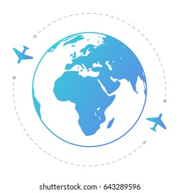 Two aircraft around the globe. Contour illustration.  Editable eps10 vector. Transparent background.