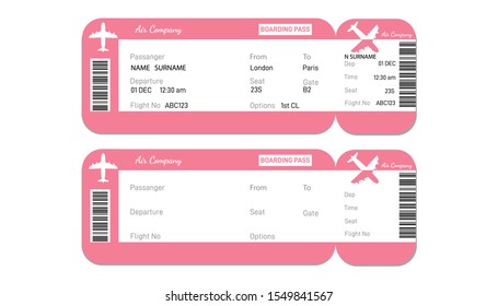 Two airline boarding pass tickets with bar code.for traveling by plane isolated on white.Design with passenger name Vector