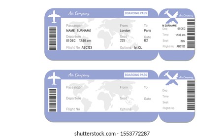 Two airline boarding pass tickets with bar code.for traveling by plane isolated on white. Vector