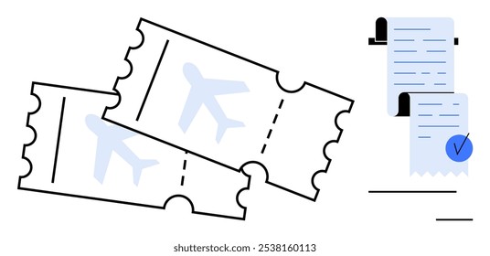 Dois bilhetes de avião com ícones junto a um recibo com uma marca de seleção. Ideal para planejamento de viagens, reserva de bilhetes, verificação de voos, serviços aéreos, preparação de férias. Vetor minimalista