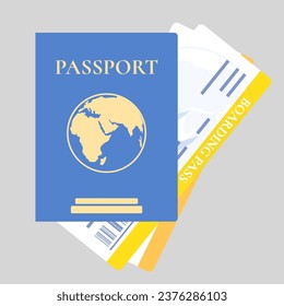 Two airline tickets inside blue color passport. A foreign passport on white background. Document for travel and immigration.  Vector illustration