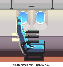 Two airliner seats row with portholes. Jet plane airline empty vacant seats. Flat style vector isolated illustration