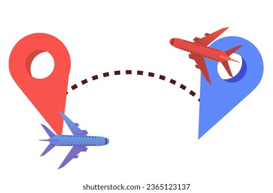 Two airplane flying to each other, Transport delivery, locations on the map, transport logistics, tourist navigation, route concept