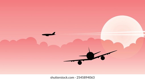 Two Airplane Silhouettes in the Sky Clouds. Technology and transportation means vector art