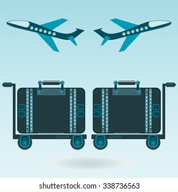 Two airplane taking off, Luggage for travel. Shipping Luggage trolley, baggage handling. Tourism, travel by plane, the airport.