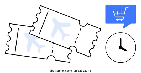 Two airplane tickets, a clock showing time, and a speech bubble with a shopping cart icon. Ideal for travel booking, online shopping, time management, travel agencies, flight reservations, vacation