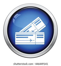 Two airplane tickets icon. Glossy button design. Vector illustration.