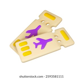 Two airplane tickets vector 3d icon. Simple cartoon boarding pass for plane flight. Design element, isolated on white background. Summer travel abroad concept