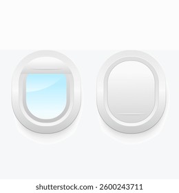 
Two airplane windows, one open showing blue sky, and one closed.  Travel possibilities and restrictions in modern aviation.
