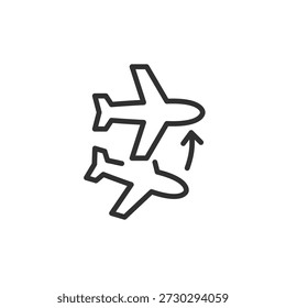 Two airplanes with arrow, linear icon. Flight transfer and air travel connection. Line with editable stroke.