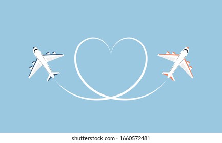 Two airplanes and big shape of heart from white lines trace. Love to travel by plane concept. The planes fly and draw the heart. Vector illustration